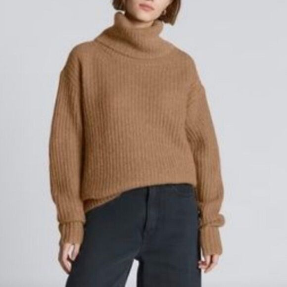 Everlane Womens Alpaca Wool Tan Oversized Turtleneck Ribbed Cozy Sweater Sz XS - Picture 2 of 11